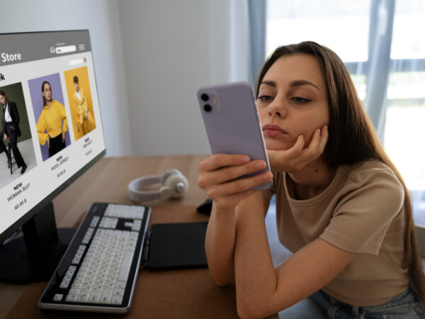 A girl with a smartphone sits at a computer table