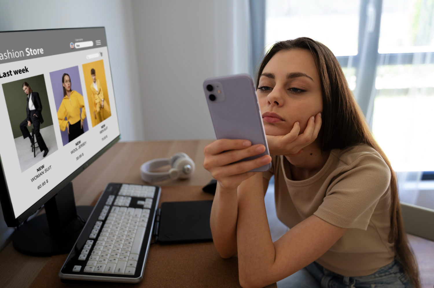 A girl with a smartphone sits at a computer table
